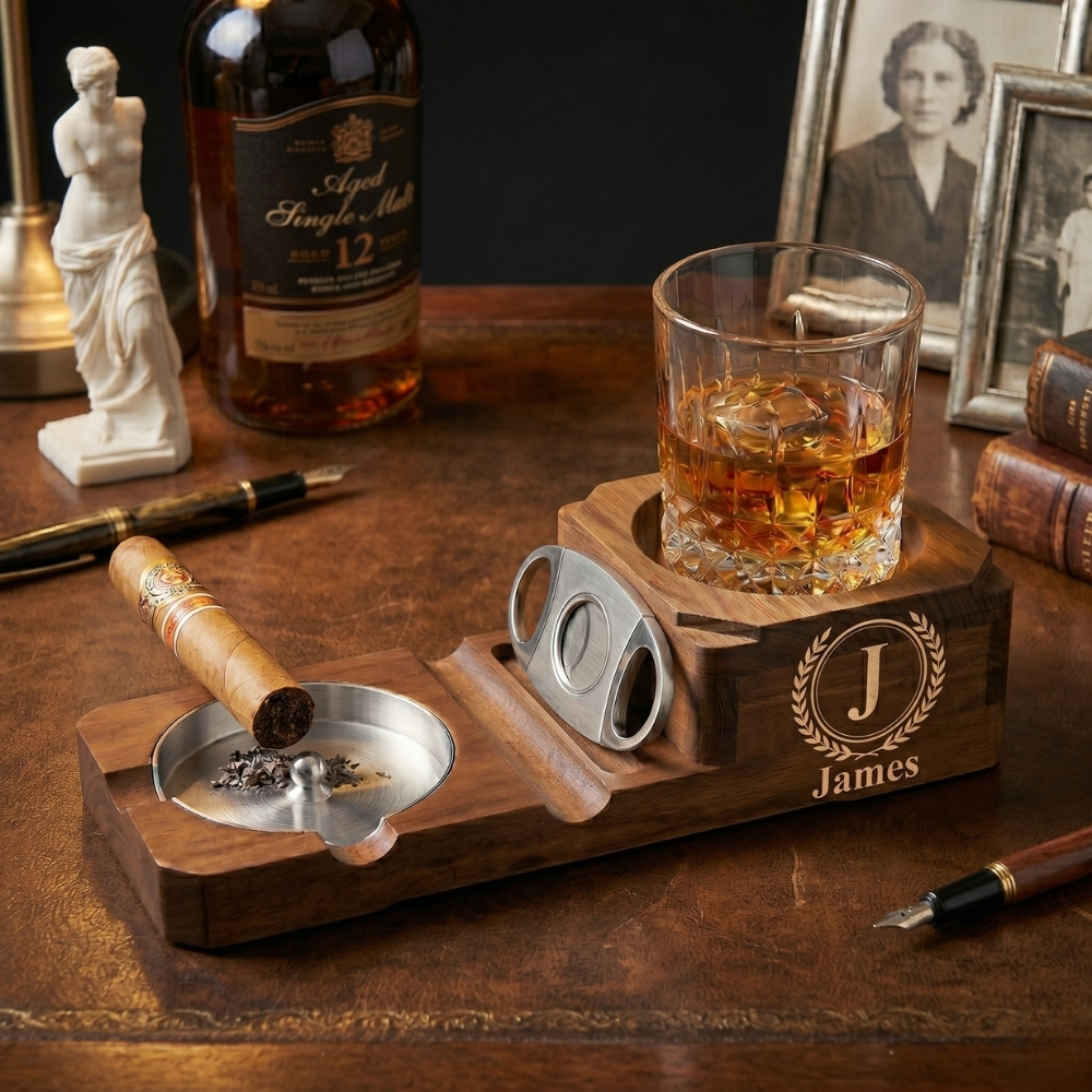 Personalized Cigar Ashtray Walnut Box Whiskey Glass Ashtray Cigar Holder Engraved Wood Gifts for Dad