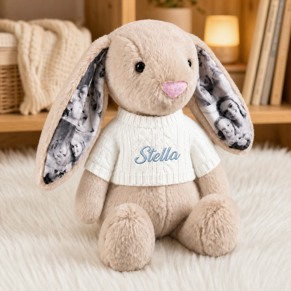 Personalized Photo Bunny Plush with Embroidered Name Sweater Custom Memory Stuffed Rabbit with 4 Photos Anniversary Gift for Couples