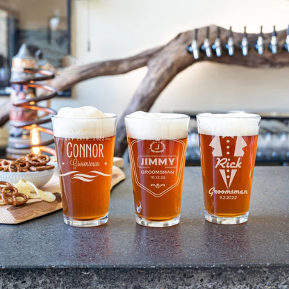 Personalized Groomsman Beer Pint Glass with Custom Logo Engraved Best Man Glass Wedding Party Gift for Groomsmen