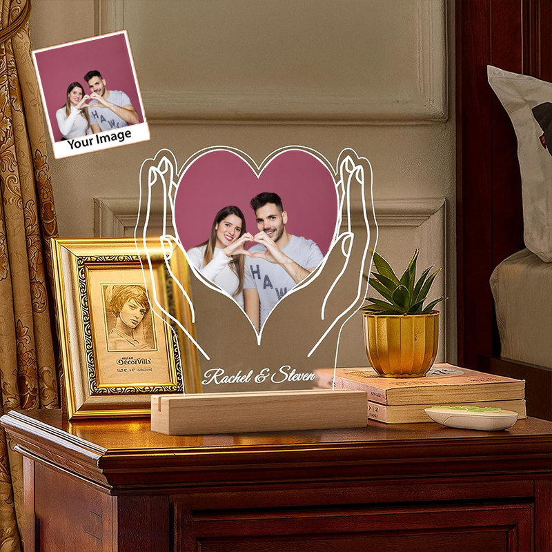 Personalized Photo and Text Heart on Hands Night Light Anniversary Gift For Him