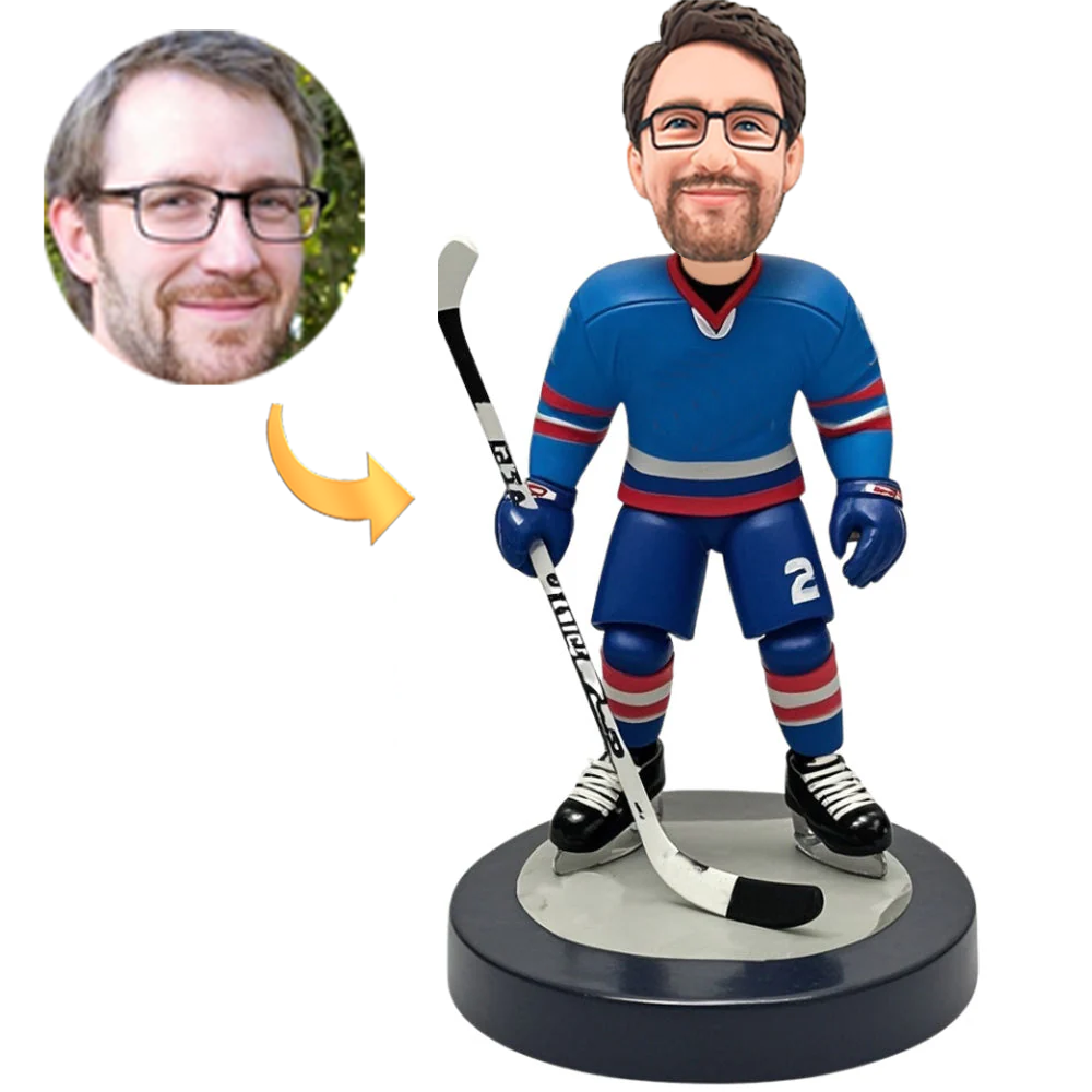 Handmade Custom Bobbleheads Hockey Player in Blue Suit No. 2 Male with Number Customizable