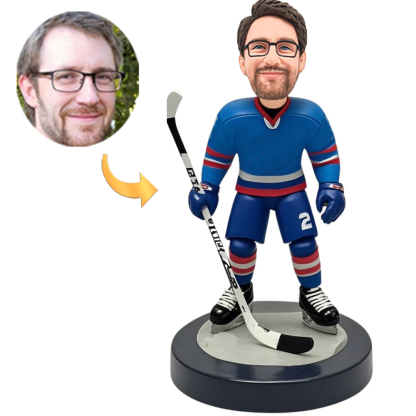 Handmade Custom Bobbleheads Hockey Player in Blue Suit No. 2 Male with Number Customizable