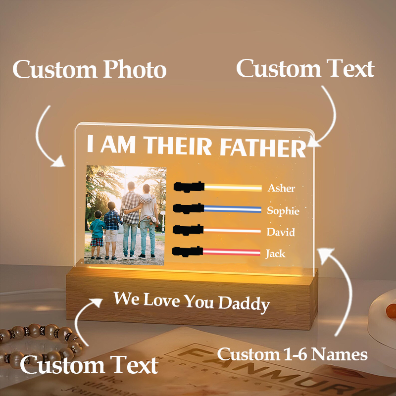 I Am Their Father Custom Photo Night Light with Kids Names Personalized Lightsaber Sign Gifts for Dad