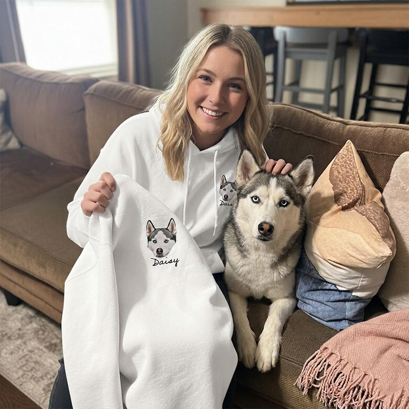 Custom Pet Embroidered Sweatshirt Personalized Dog and Cat Photo Portrait and Name Hoodie Gifts for Dog Mom
