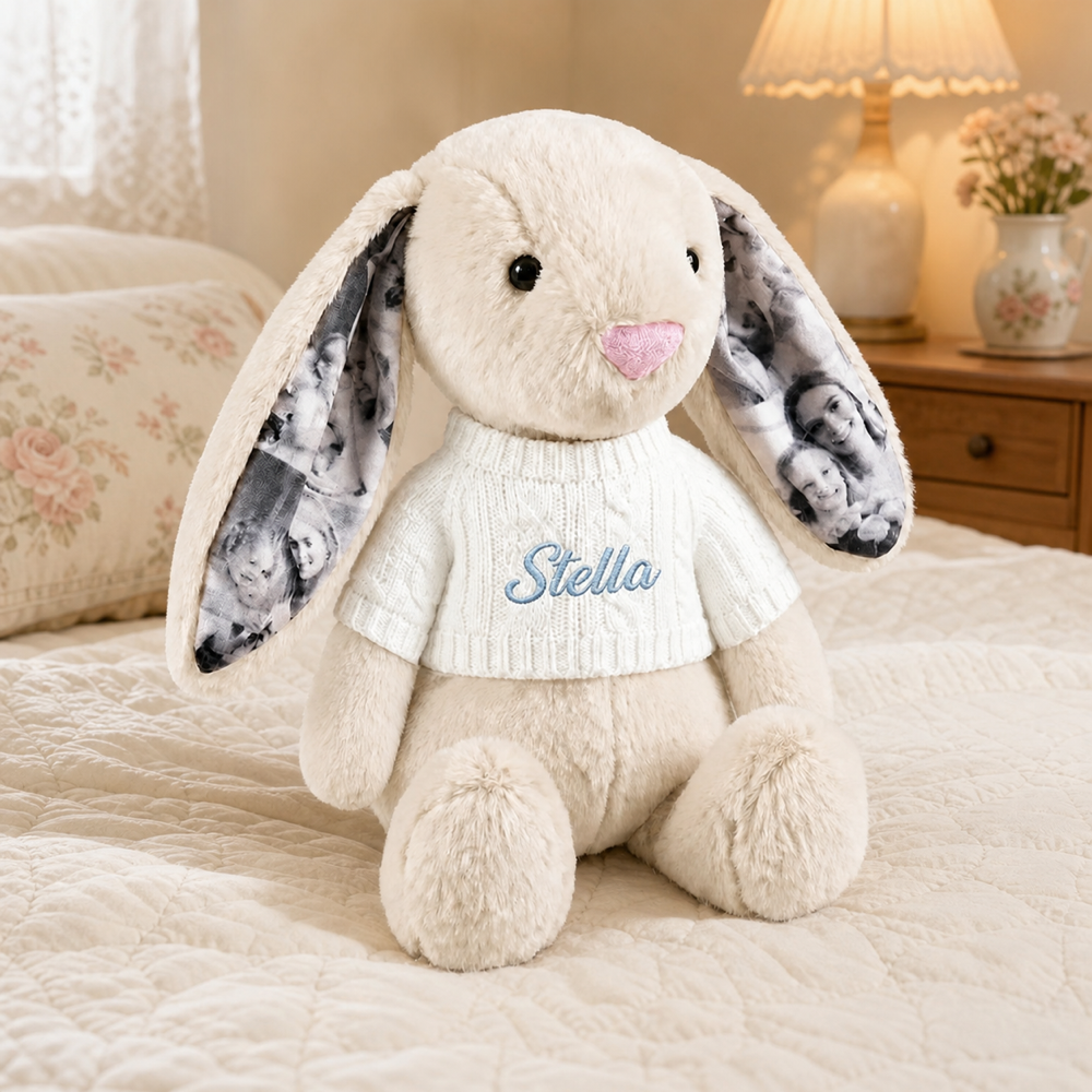 Personalized Photo Bunny Plush with Embroidered Name Sweater Custom Memory Stuffed Rabbit with 4 Photos Anniversary Gift for Couples