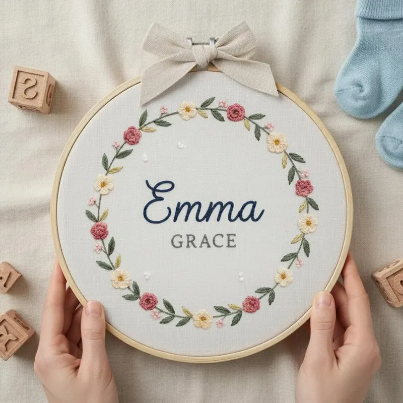 Personalized Embroidered Baby Name Embroidery Ornaments Floral Nursery Decor Newborn Gifts