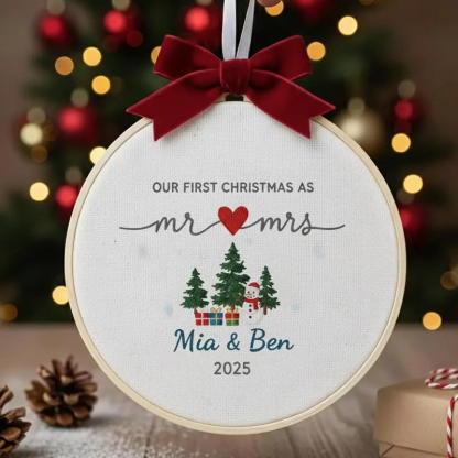 Custom Embroidered Newlywed Ornament Personalized First Christmas Ornament Keepsake Embroidered Mr & Mrs Keepsake