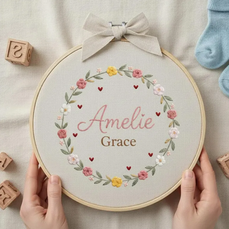Personalized Embroidered Baby Name Embroidery Ornaments Floral Nursery Decor Newborn Gifts