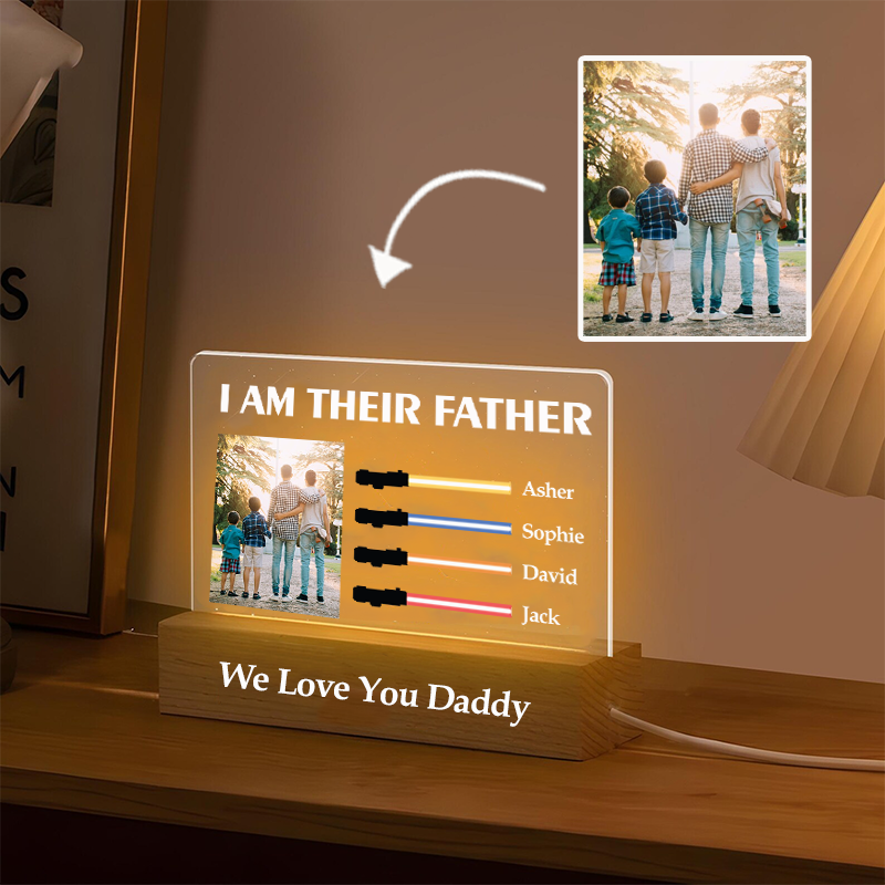 I Am Their Father Custom Photo Night Light with Kids Names Personalized Lightsaber Sign Gifts for Dad
