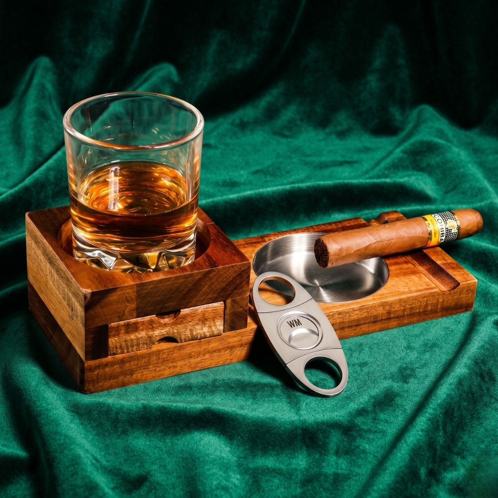 Personalized Cigar Ashtray Walnut Box Whiskey Glass Ashtray Cigar Holder Engraved Wood Gifts for Dad