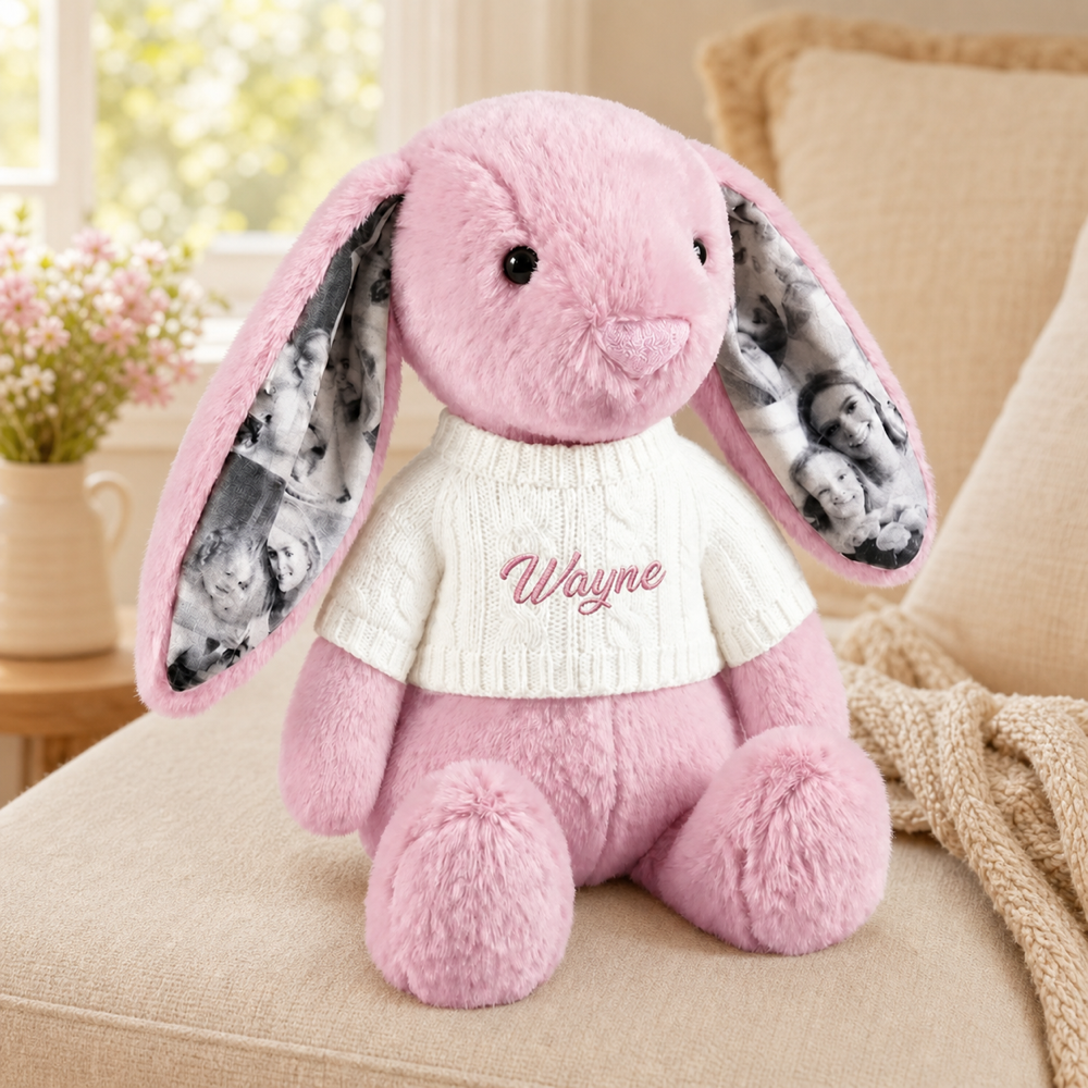 Personalized Photo Bunny Plush with Embroidered Name Sweater Custom Memory Stuffed Rabbit with 4 Photos Anniversary Gift for Couples