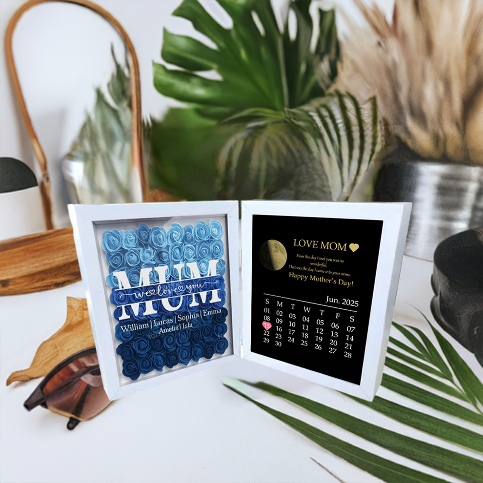 Custom Real Moon Phase Flower Shadow Box Personalized Names Mom We Love You Flower Frame Calendar Unique Gift for Mother