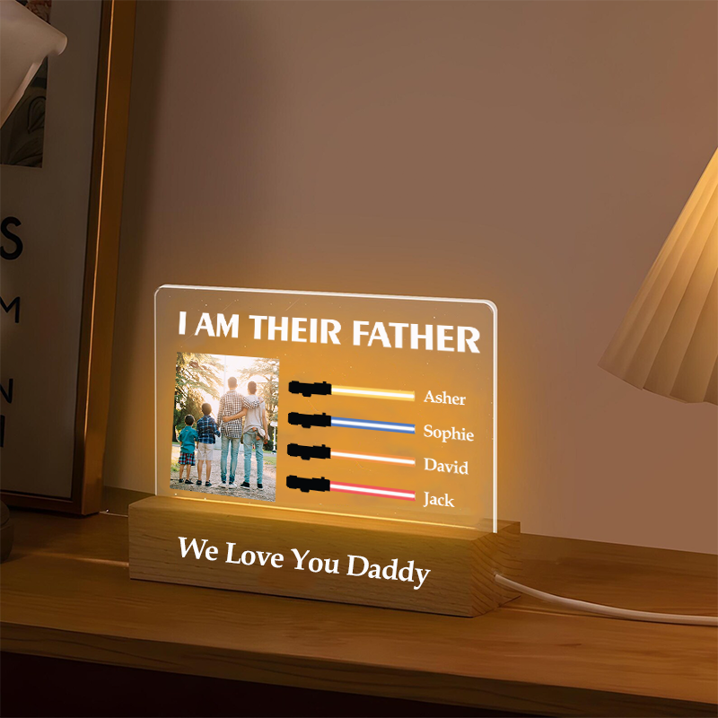 I Am Their Father Custom Photo Night Light with Kids Names Personalized Lightsaber Sign Gifts for Dad