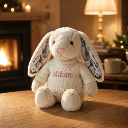 Personalized Photo Bunny Plush with Embroidered Name Sweater Custom Memory Stuffed Rabbit with 4 Photos Anniversary Gift for Couples