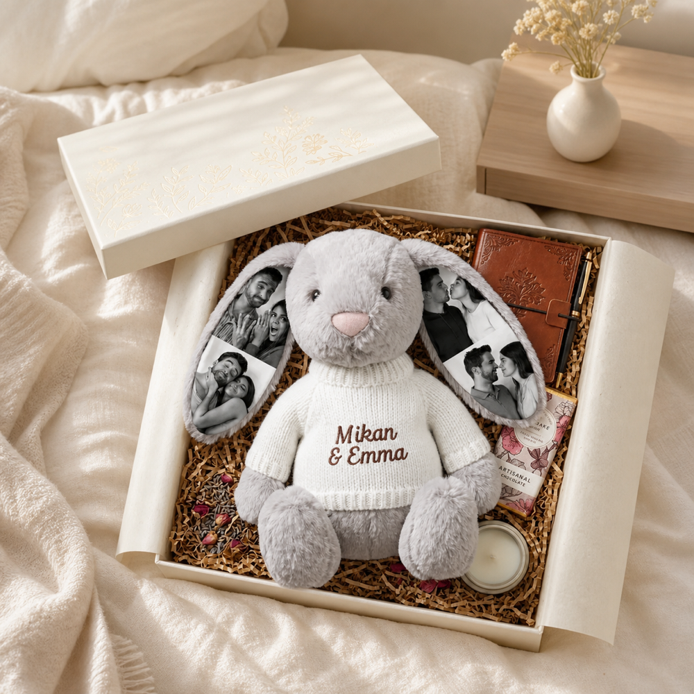 Personalized Photo Bunny Plush with Embroidered Name Sweater Custom Memory Stuffed Rabbit with 4 Photos Anniversary Gift for Couples
