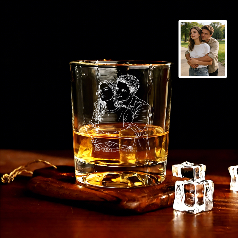 Custom Portrait Photo Engraved Whiskey Glass with Laser Etched Line Ar