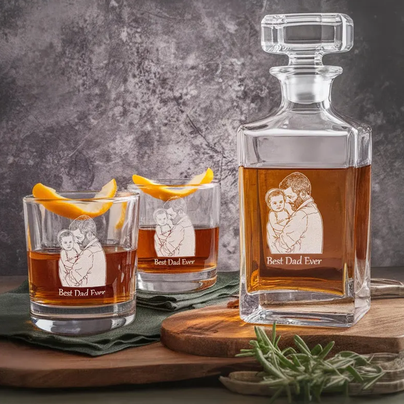 Custom Photo Etched Whiskey Decanter Set Personalised Laser Engraved Bourbon Bottle & Glasses Anniversary Gift for Him