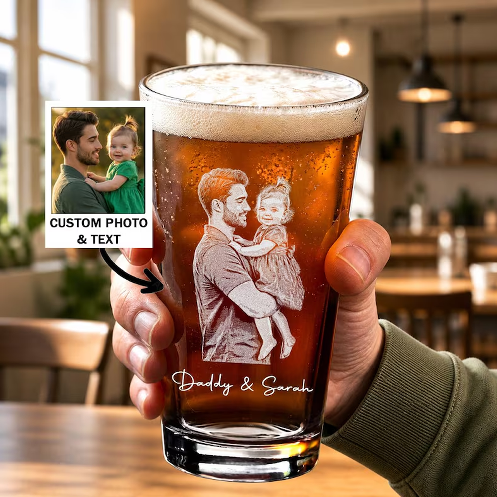 Personalized Photo Laser Etched Beer Pint Glass with Custom Text Engraved Dog Dad Glass Father’s Day Gift