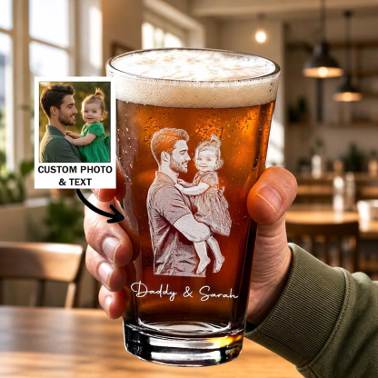 Personalized Photo Laser Etched Beer Pint Glass with Custom Text Engraved Dog Dad Glass Father’s Day Gift