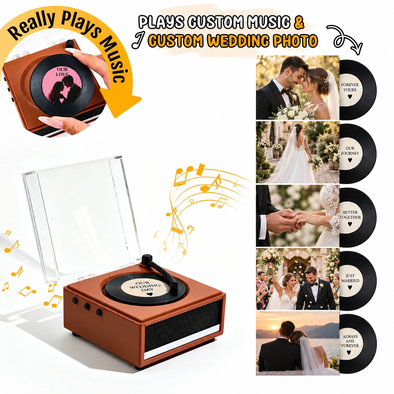 Personalized Photo and Whole Song Mini Vinyl Music Player with Custom Vinyl Records and Cover Wedding Anniversary Gift for Couples