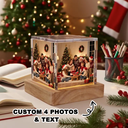 Custom Collage Photo Cube Night Light Box Lamp with Your Picture and Text Wooden Base Christmas Gifts