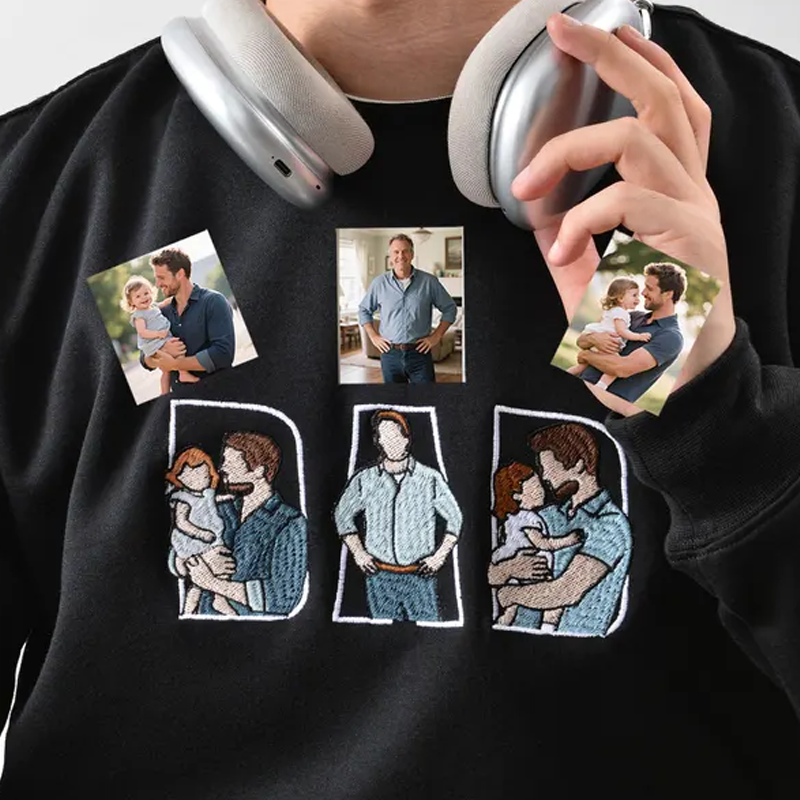 Custom Embroidered Portrait Photo Sweatshirt with Names on Sleeve Personalized Family Portrait Hoodie Gift for Dad Papa