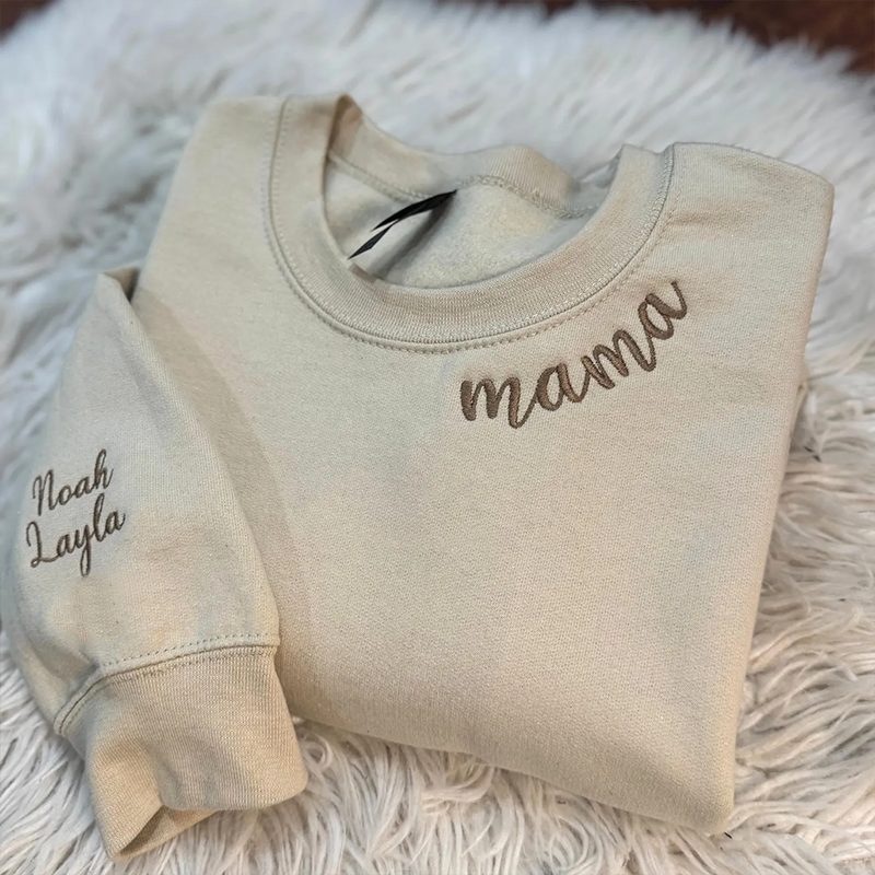 Custom Mama Embroidered Sweatshirt with Kids Names on Sleeve Personalized Mom Embroidery Hoodie