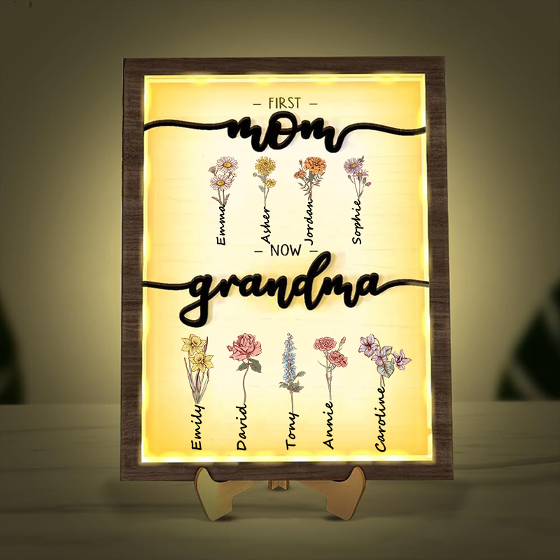 Grandma Garden Wooden Sign Night Light Personalized Name Birth Month Flower Frame Gift For Mom and Grandma