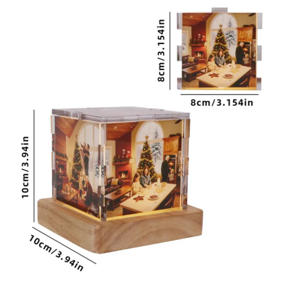 Custom Collage Photo Cube Night Light Box Lamp with Your Picture and Text Wooden Base Christmas Gifts