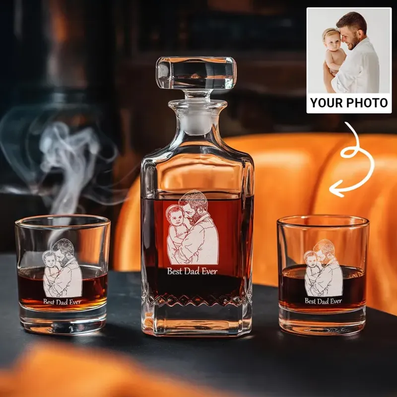 Custom Photo-Engraved Whisky Decanter Ice Wine Stone Set Personalized Laser Engraved Bourbon Bottle & Glasses Father's Gift for Dad