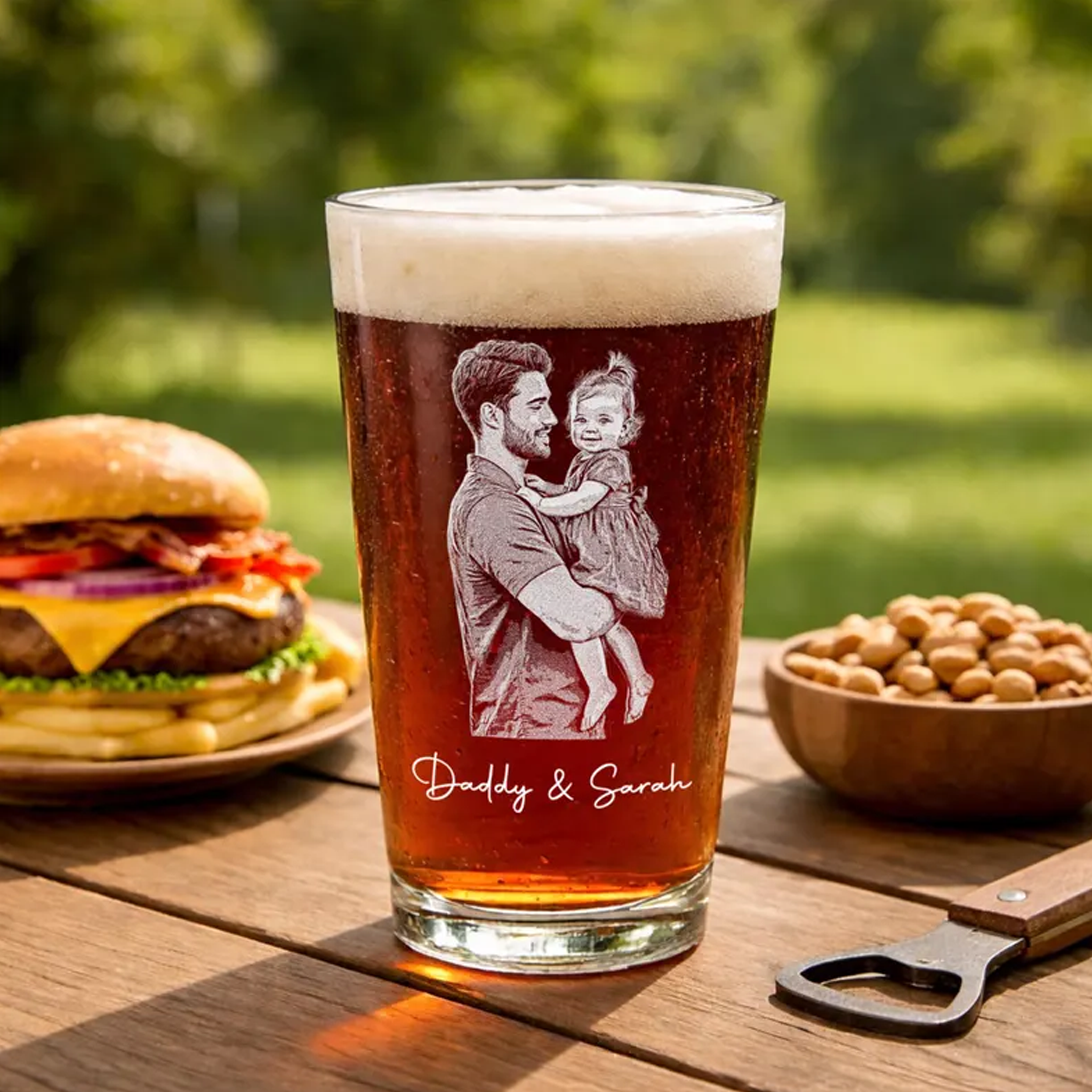 Personalized Photo Laser Etched Beer Pint Glass with Custom Text Engraved Dog Dad Glass Father’s Day Gift