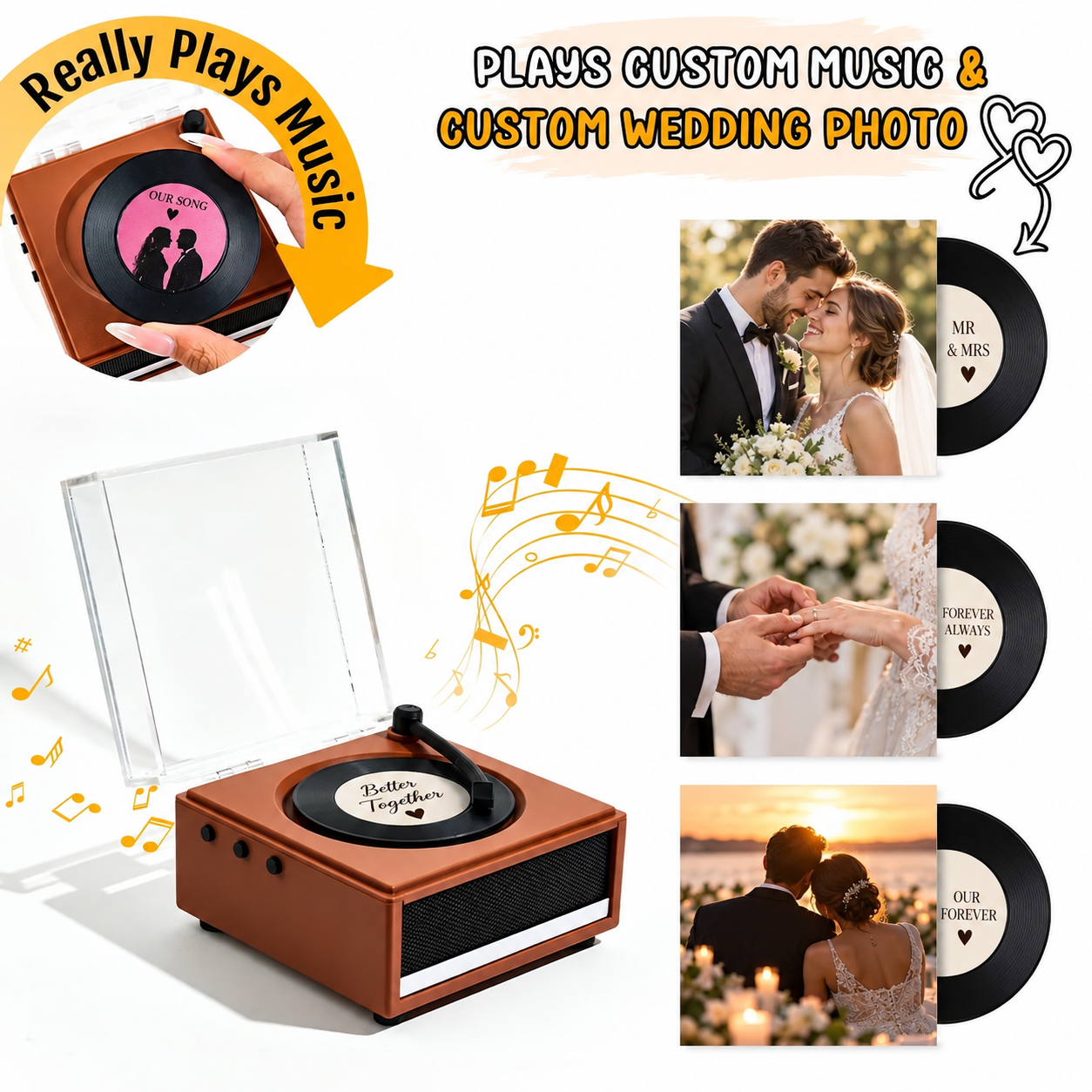 Personalized Photo and Whole Song Mini Vinyl Music Player with Custom Vinyl Records and Cover Wedding Anniversary Gift for Couples