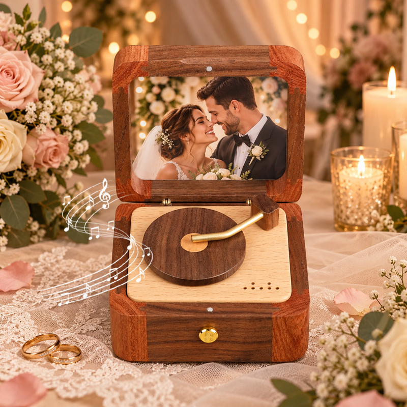 Personalized Wooden Photo Music Box with Custom Picture & Song Vintage Record Player Keepsake Wedding Gift for Couples