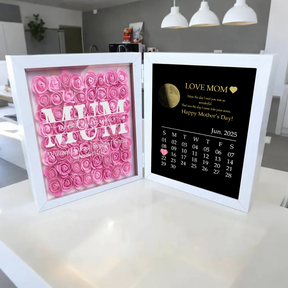 Custom Real Moon Phase Flower Shadow Box Personalized Names Mom We Love You Flower Frame Calendar Unique Gift for Mother