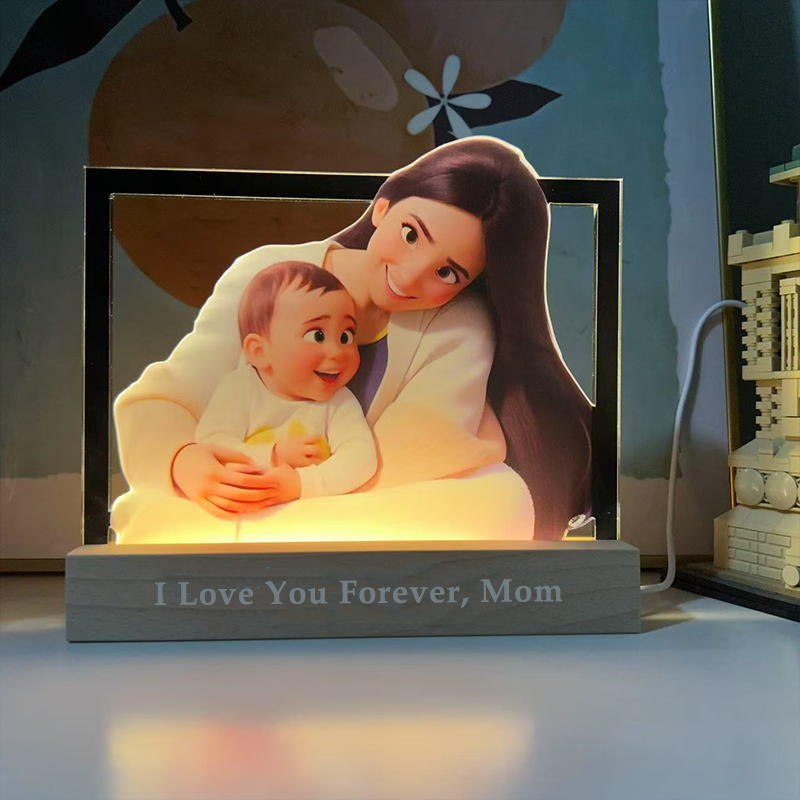 Personalized Heart Cartoon Portrait Style 3D Photo and Text Frame Night Light Mothers Day Gifts