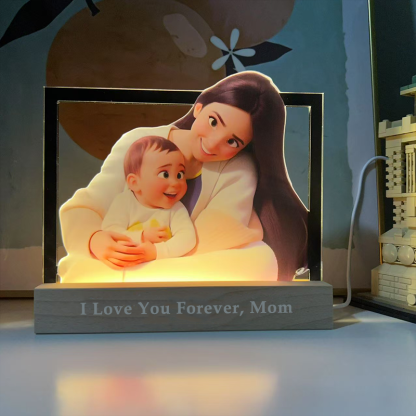 Personalized Heart Cartoon Portrait Style 3D Photo and Text Frame Night Light Mothers Day Gifts