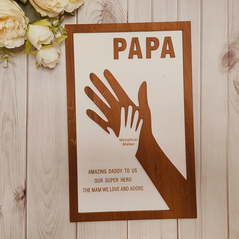 Custom Dad and Kids Palm Wooden Frame Personalized Name Sign Fathers Day Gift from Daughter Kids Son