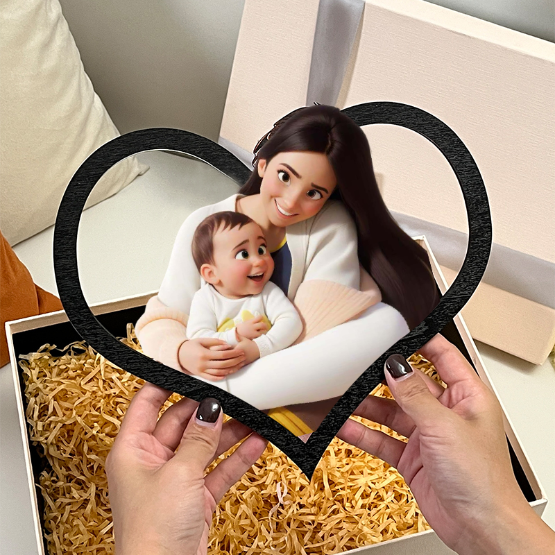 Personalized Heart Cartoon Portrait Style 3D Photo and Text Frame Night Light Mothers Day Gifts