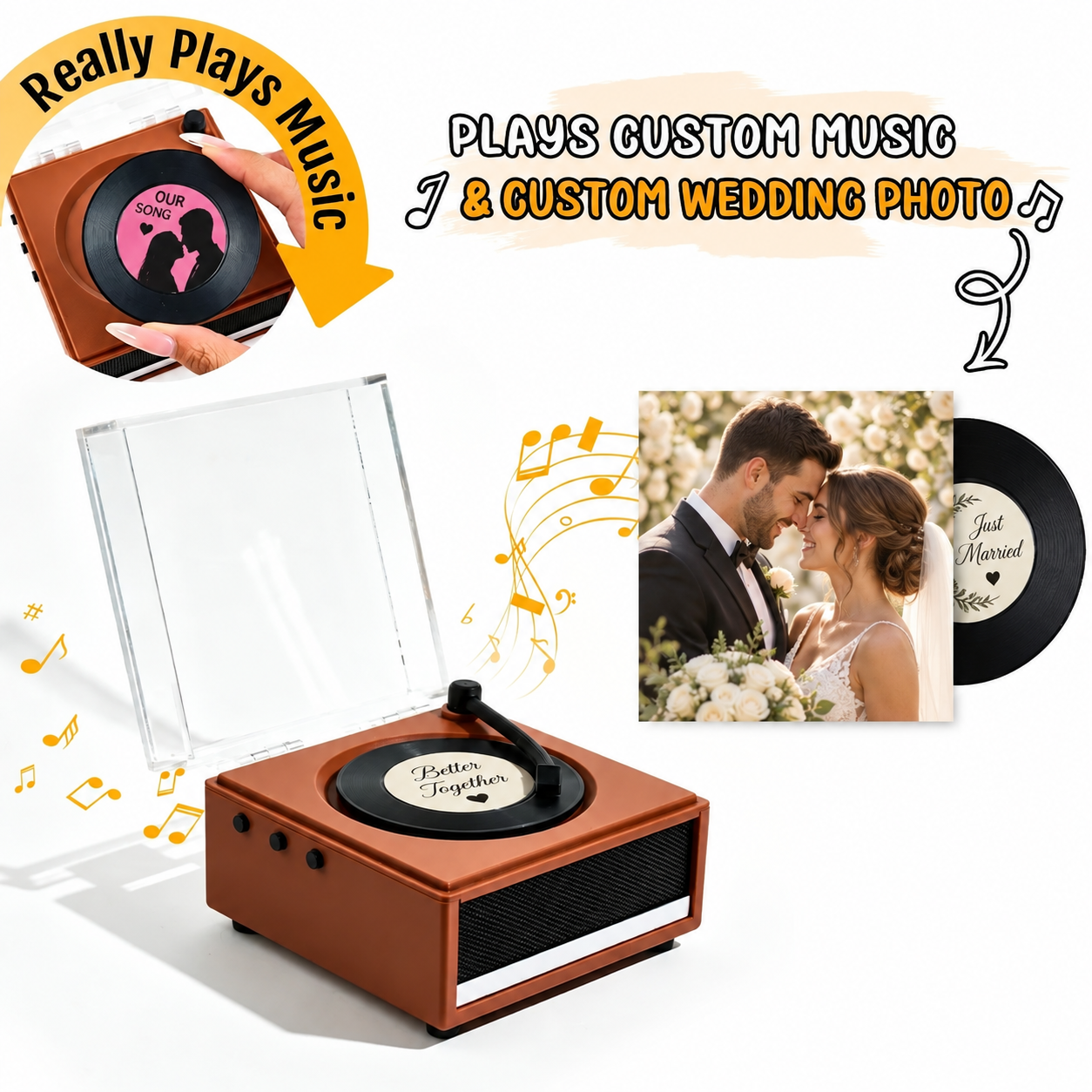 Personalized Photo and Whole Song Mini Vinyl Music Player with Custom Vinyl Records and Cover Wedding Anniversary Gift for Couples