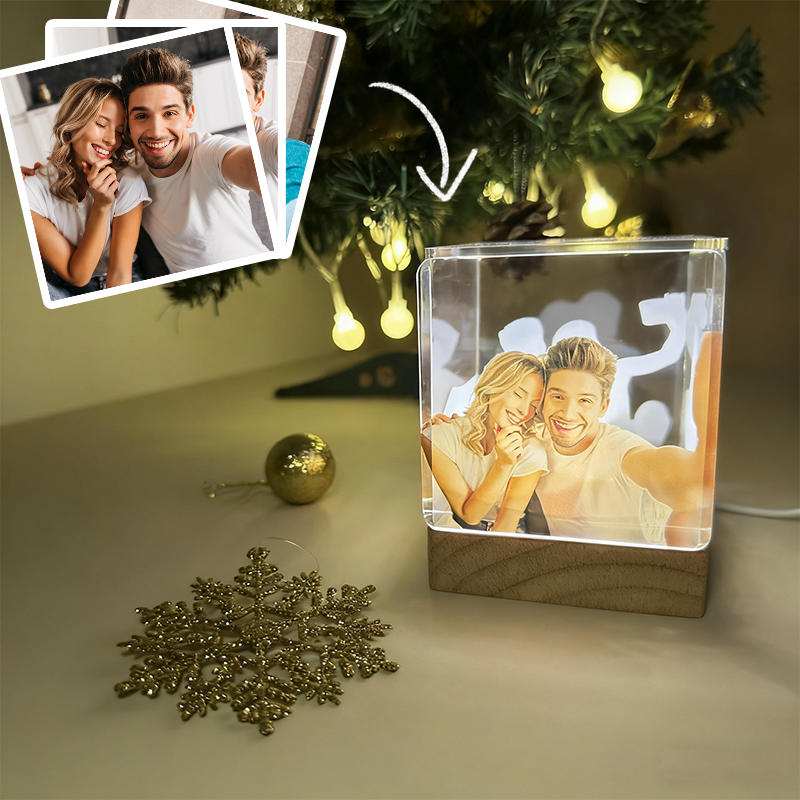 Custom Collage Photo Cube Night Light Box Lamp with Your Picture and Text Wooden Base Christmas Gifts