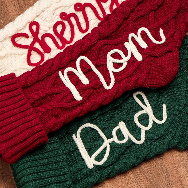 Handmade Personalized Name Hand Embroidered Christmas Stockings Custom Knit Socks Ornament with Name Family Xmas Gifts