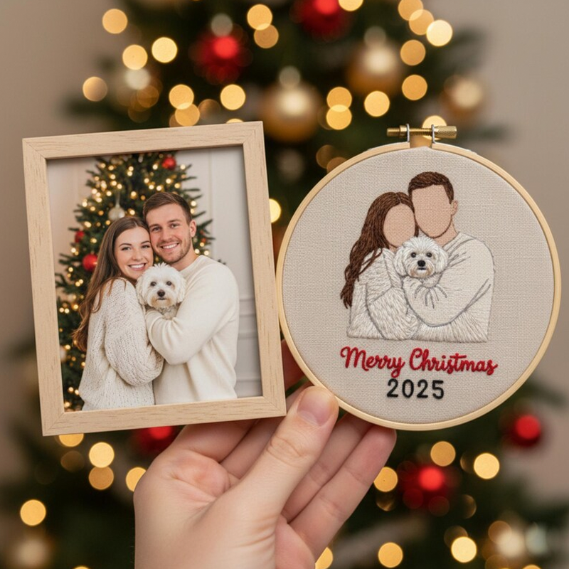 Custom Family Photo 3d Embroidered Ornament Personalized Portrait Hoop Hand Embroidered Christmas Keepsake Gift