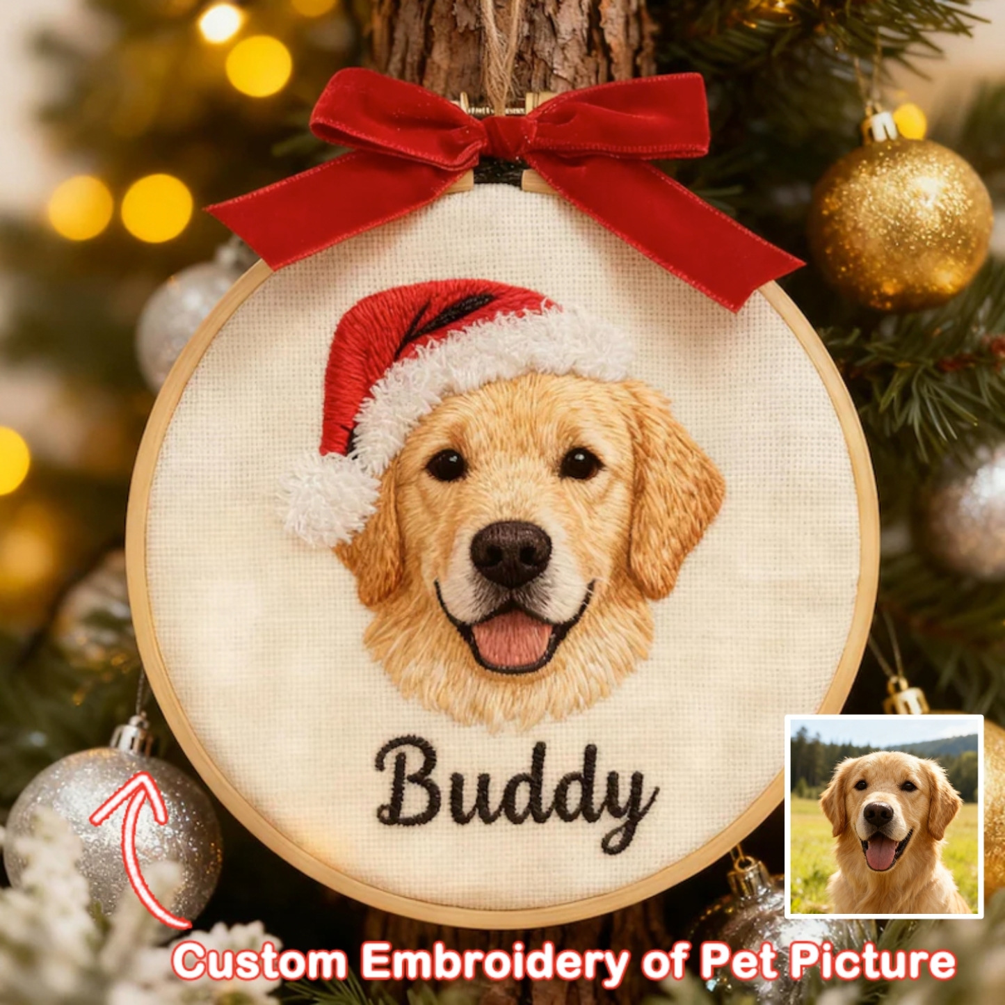 Custom Pet Portrait 3D Embroidered Ornament Personalized Dog&Cat Embroidery Ornament with Name Pet Memorial Gift Keepsake Gift Christmas Tree Decor