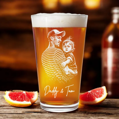 Personalized Photo Laser Etched Beer Pint Glass with Custom Text Engraved Dog Dad Glass Father’s Day Gift