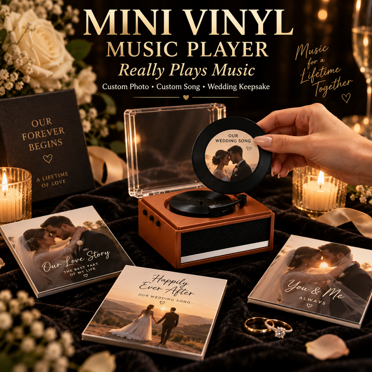 Personalized Photo and Whole Song Mini Vinyl Music Player with Custom Vinyl Records and Cover Wedding Anniversary Gift for Couples