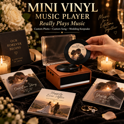 Personalized Photo and Whole Song Mini Vinyl Music Player with Custom Vinyl Records and Cover Wedding Anniversary Gift for Couples