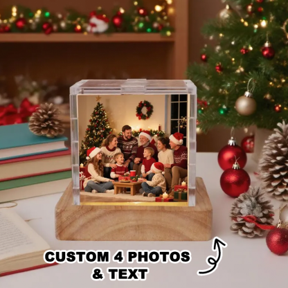 Custom Collage Photo Cube Night Light Box Lamp with Your Picture and Text Wooden Base Christmas Gifts