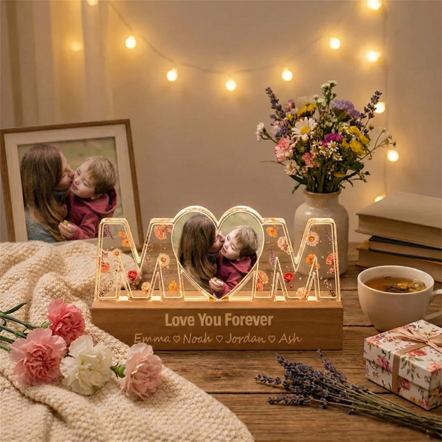 Personalized Mom Heart Photo Night Light Custom Text and Name LED Night Light Mother's Day Gift