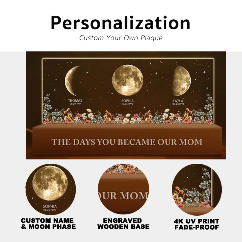 The Day You Become Mom/Grandma Moon Phase LED Night Light Custom Kids Names & Birth Date Lamp Mother's Day Gift for Mom and Grandma