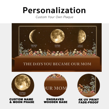 The Day You Become Mom/Grandma Moon Phase LED Night Light Custom Kids Names & Birth Date Lamp Mother's Day Gift for Mom and Grandma